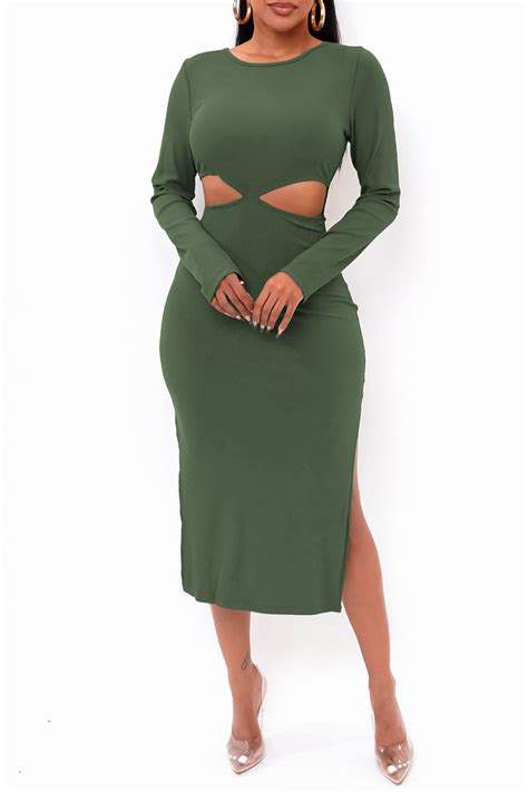 Green Sexy Solid Bandage Hollowed Out Patchwork Backless O Neck Straight Dresseslong Sleeve