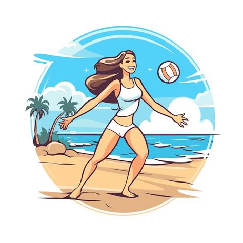 M Dchen Spielt Volleyball Am Strand Vektor Illustration Im Cartoon Stil