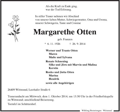 Traueranzeigen Von Margarethe Otten Nordwest Trauer De