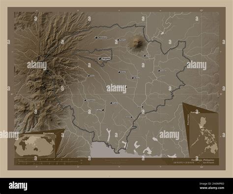 Pampanga, province of Philippines. Elevation map colored in sepia tones with lakes and rivers ...