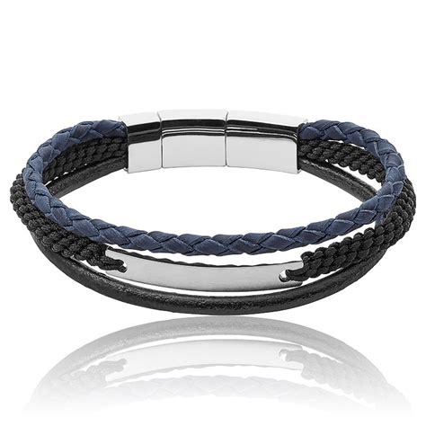 Bracelet Multi Rangs Cuir Noir Bleu Fossil Bijoux Ocarat