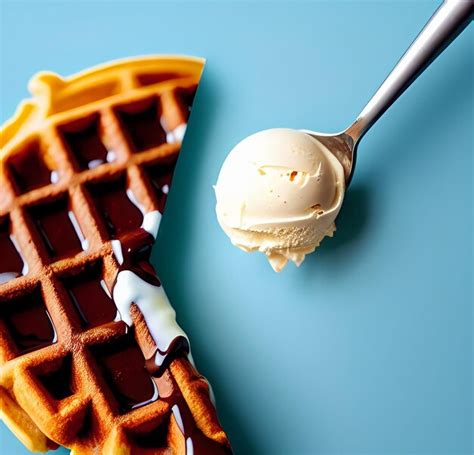 Un Gofre Con Helado De Vainilla Y Una Cuchara Con Una Bola De Helado De