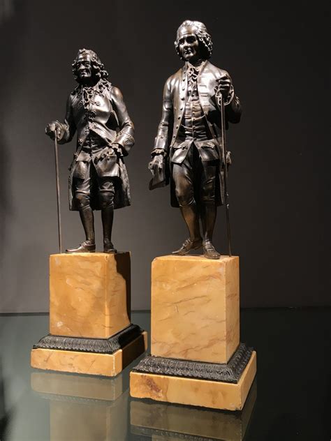 Proantic Paire De Sculptures En Bronze Patiné Voltaire Et Rousseau