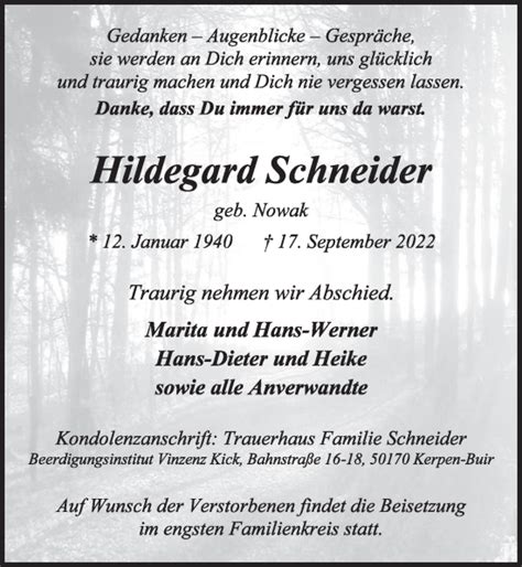 Traueranzeigen Von Hildegard Schneider Wirtrauern