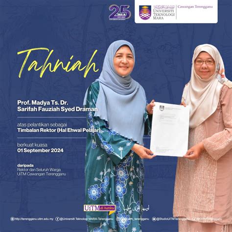 Tahniah Prof Madya Ts Dr Sarifah Fauziah Syed Draman Atas Pelantikan