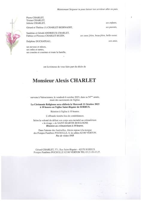 Avis de décès Alexis CHARLET