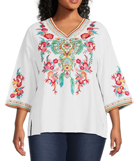 Calessa Plus Size Embroidered Patchwork Woven V Neck 3 4 Sleeve Tunic