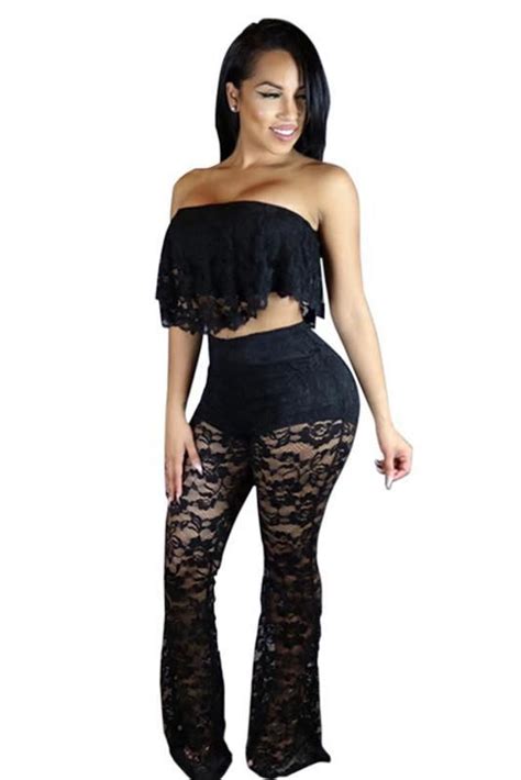 Strapless Ruffles Lace Crop Top With Transparent Skinny Pants Two