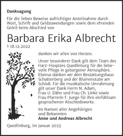 Traueranzeigen Von Barbara Erika Albrecht Abschied Nehmen De