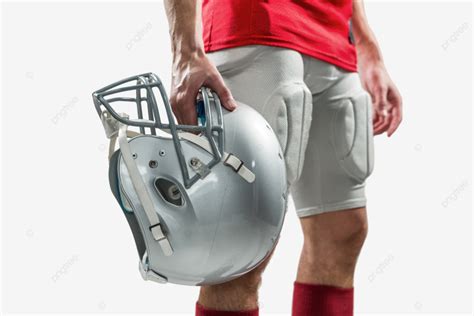 Redjerseyed American Football Player Holding Helmet Team Sport Sport