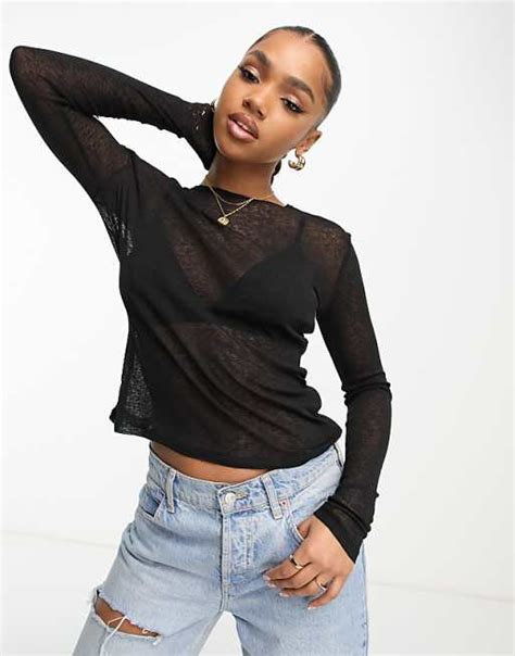 Monki Ribbed Semi Sheer Long Sleeve Top In Black Asos