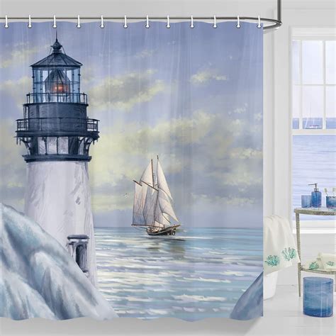 Jipusai Nautical Lighthouse Shower Curtain Beach Ocean