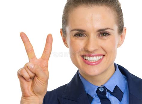 Smiling Business Woman Showing Victory Gesture Stock Image Image Of