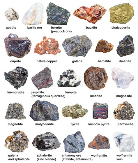 Various Raw Minerals And Ores With Names Isolated Stock Images Rock