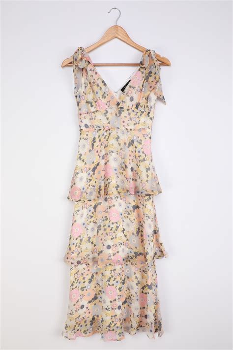 White Floral Print Dress Tie Strap Dress Tiered Maxi Dress Lulus