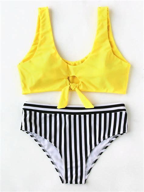 Shop Knot Front Vertical Striped Bikini Set Online SheIn Offers Knot