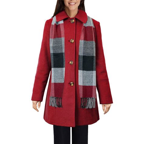 London Fog Womens Wool Button Coat With Scarf Red L