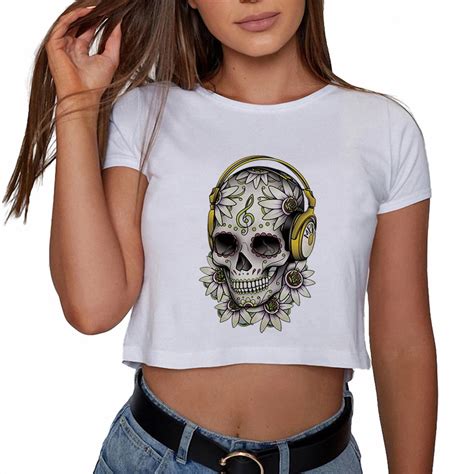 Women Summer Skull Crop Tops Sexy Punk White Top Cropped Tee Hipster Floral Skull Print Round