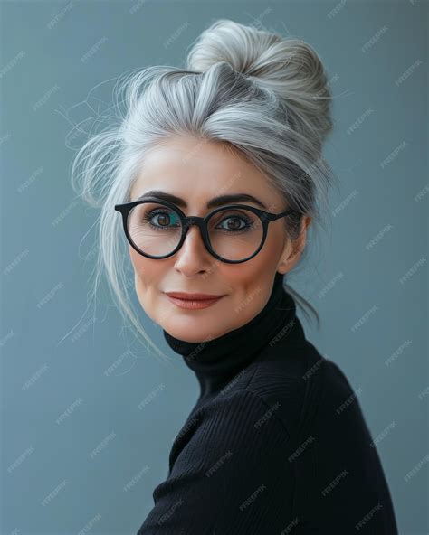 Premium Photo Portrait Of Beautiful Mature Woman With Glasses On Grey Background