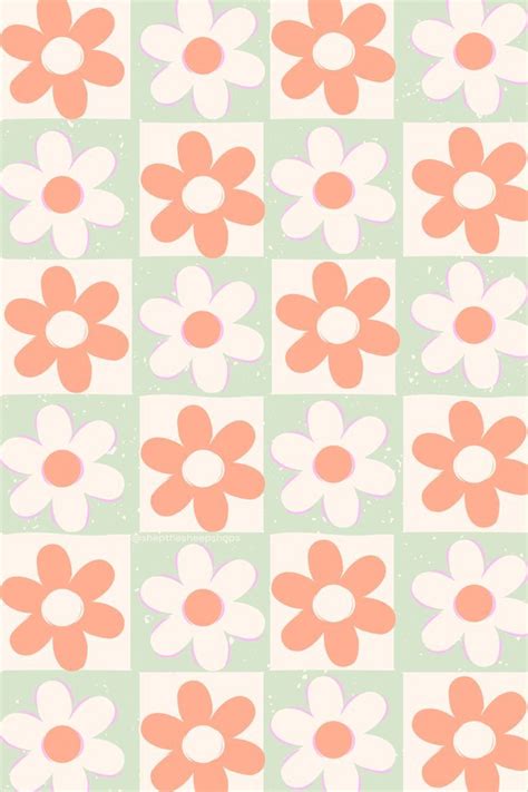 Simple Light Green And Orange Flower Checker Pattern Wallpaper