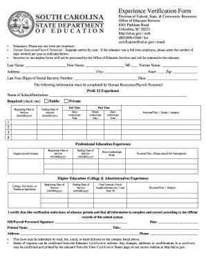 Fillable Online Ed Sc Experience Verification Form Fax Email Print