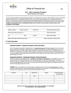 Fillable Online Bowiestate Verification Worksheet V Bowie