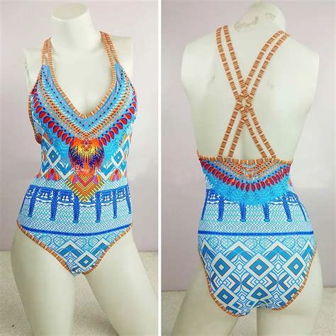 New Bohemia Style One Piece Swimsuit Push Up Swimwear Blue Backless Bathing Suit Beachwear Women