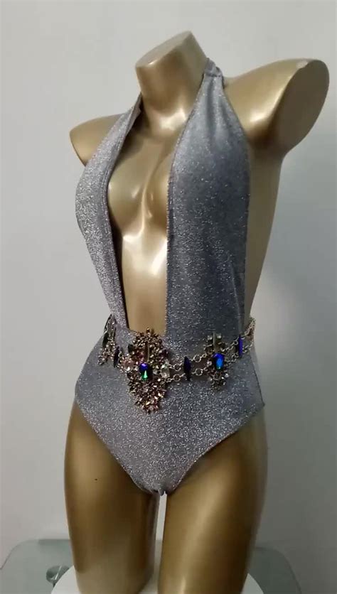 Deep V Shiny Bikini Sexy Rhinestone Swimsuit Crystal Diamond Chain Belt