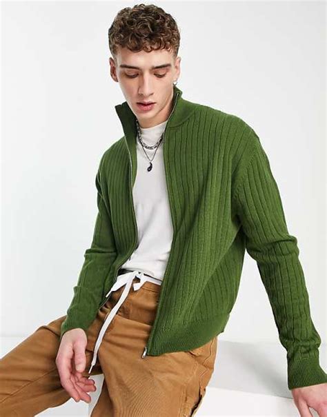 Collusion Knitted Zip Through Jumper In Dark Green Asos