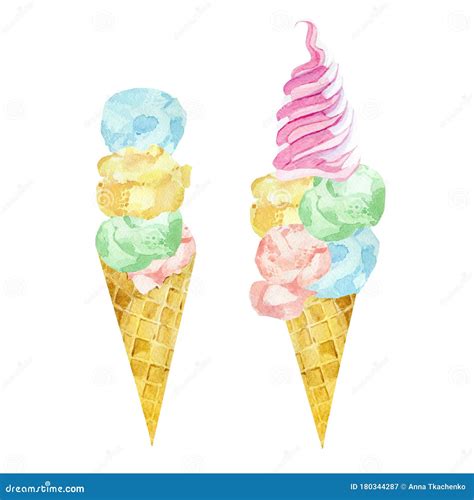 Watercolor Soft Ice Cream In Waffle Cone Summer Party Colorful Dessert