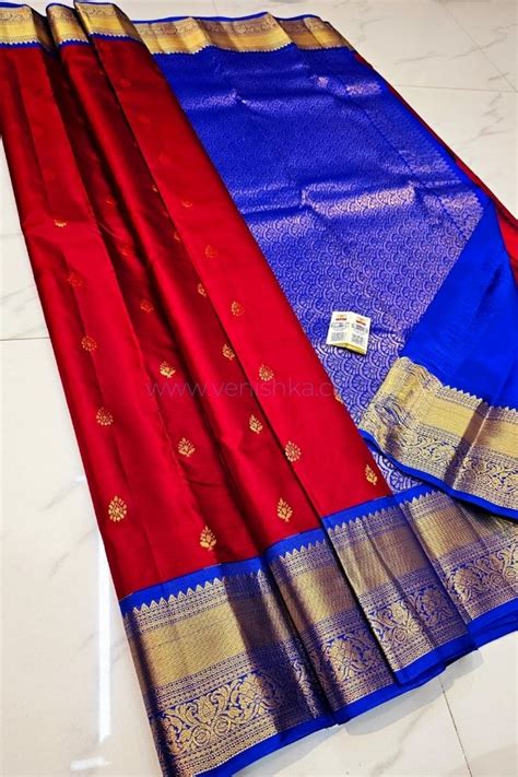 Radiant Red And Royal Blue Kanjivaram Silk Saree With Golden Zari