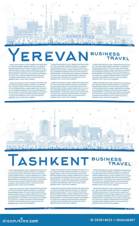 Outline Tashkent Uzbekistan And Yerevan Armenia City Skyline With Blue ...