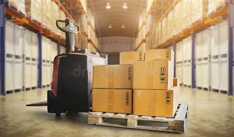 Electric Forklift Pallet Jack With Packaging Boxes On Pallet In Storage