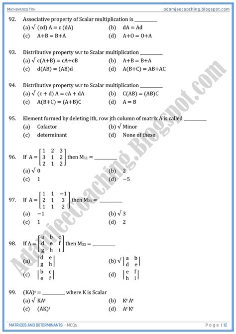 Matrices And Determinants Mcqs Mathematics Th Artofit