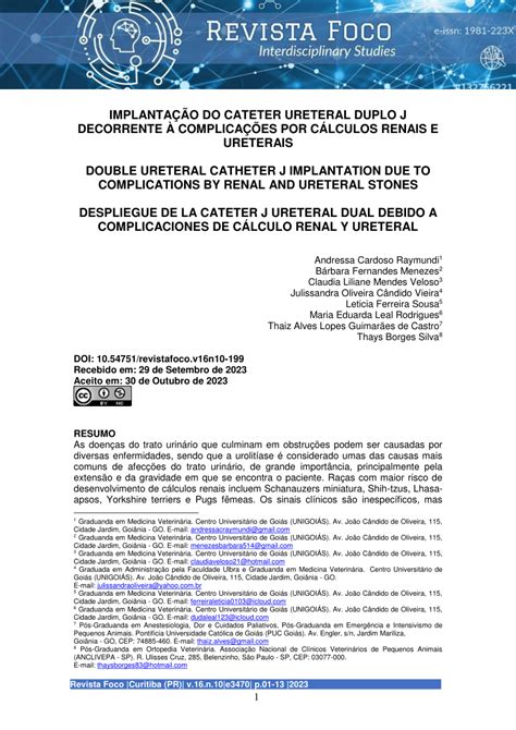 PDF IMPLANTAÇÃO DO CATETER URETERAL DUPLO J DECORRENTE À COMPLICAÇÕES