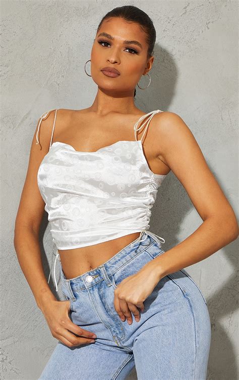 White Jacquard Satin Ruched Strappy Crop Top Prettylittlething Ire