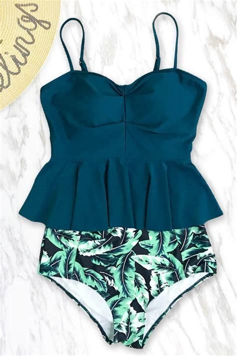 Leaf Print Peplum Tankini In 2020 Two Piece Swimwear Swimwear