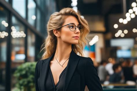 Woman Wearing Glasses And Black Suit Looks Off To The Side Generative