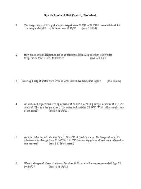 Specific Heat Capacity Experiment Worksheet By Physics Hq Worksheets