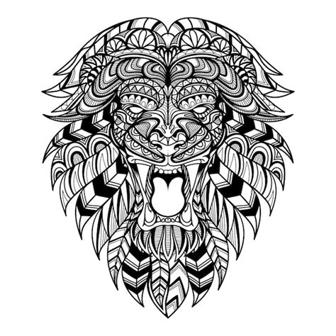 León cabeza enojado mandala zentangle para colorear página ilustración