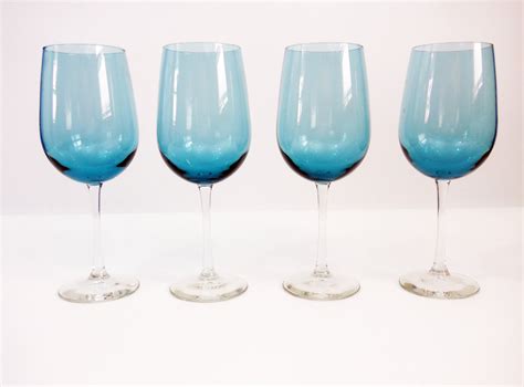 Vintage Set 4 Tall Blue Crystal Wine Glasses Set Of Four Large Water Goblets W Clear Stems