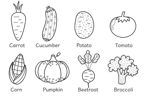 Colección De Verduras En Blanco Y Negro En Estilo De Dibujos Animados Página Para Colorear De