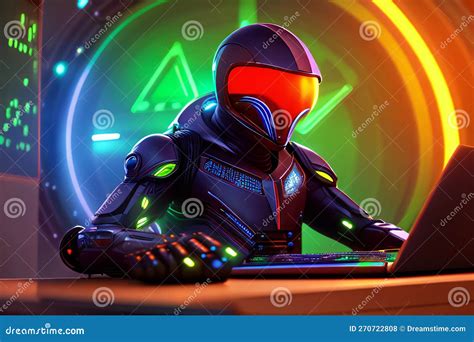 Alien Hacker In A Dream Like Setting Typing On Laptop Stock