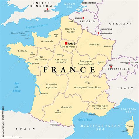 Fototapeta Francja, mapa polityczna. Regiony Francji metropolitalnej ...