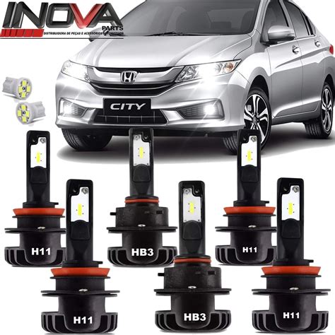 Kit Lampada Super Led Plus Honda City 2015 A 2019 Farol Alto Baixo E Milha