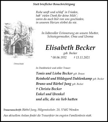 Traueranzeigen Von Elisabeth Becker Trauer In Nrw De