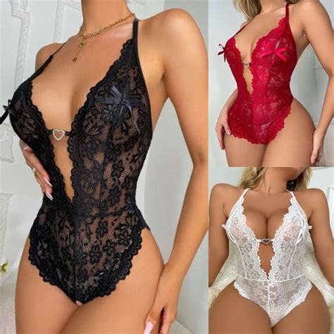 Womens Sexy Lingerie Lace Teddy Bodysuit Halter Deep V One Piece Mini Babydoll Ebay