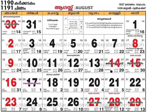 August 2023 Malayalam Calendar