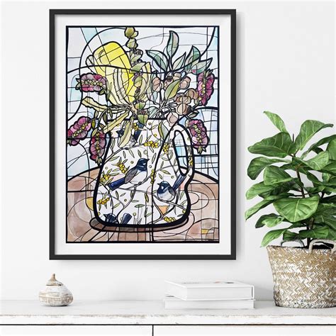 Wren And Wattle Jug A4 Fine Art Print Nicola Cowie Artwork