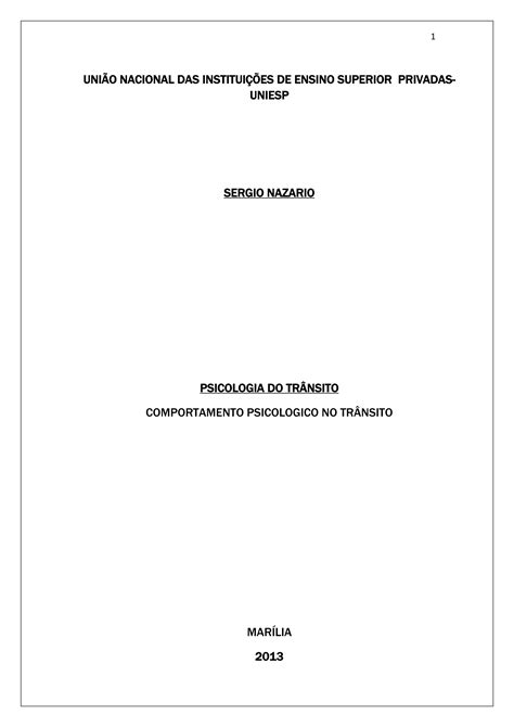 Projeto De Pesquisa Psicologia Do Transito Uni O Nacional Das